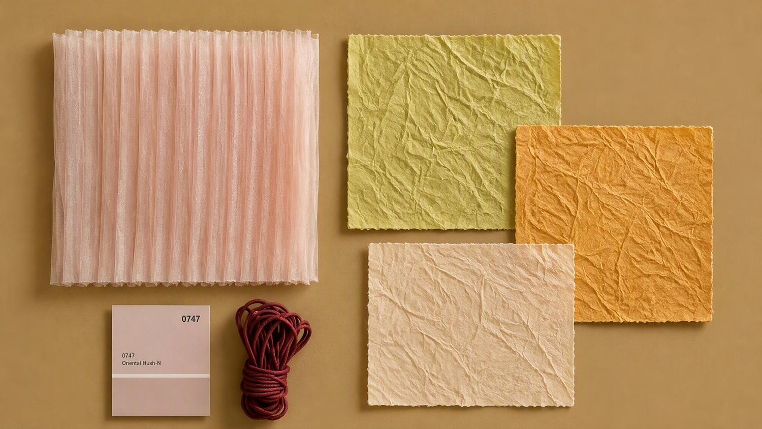 Everfloria material samples: EVA foam, Washi paper, Pearl Organza and Accordion Pleated fabric